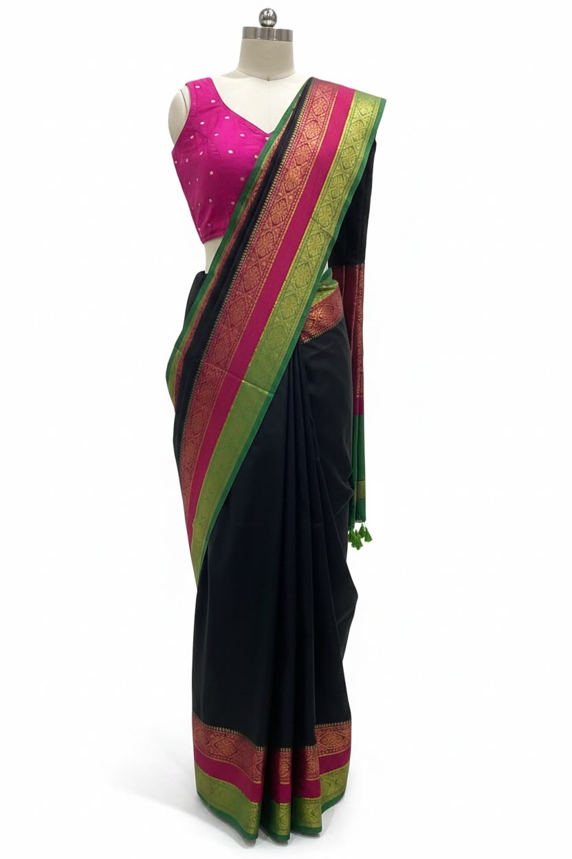 Black- Pure Mulcotton Saree With matching Blouse