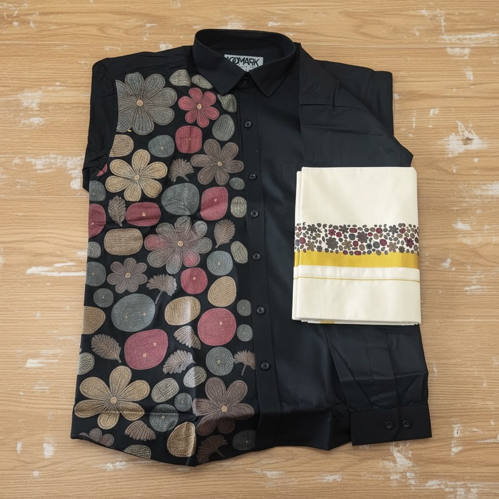 Black colour cotton one side Printed Full Sleeve Shirt Dothi Combo