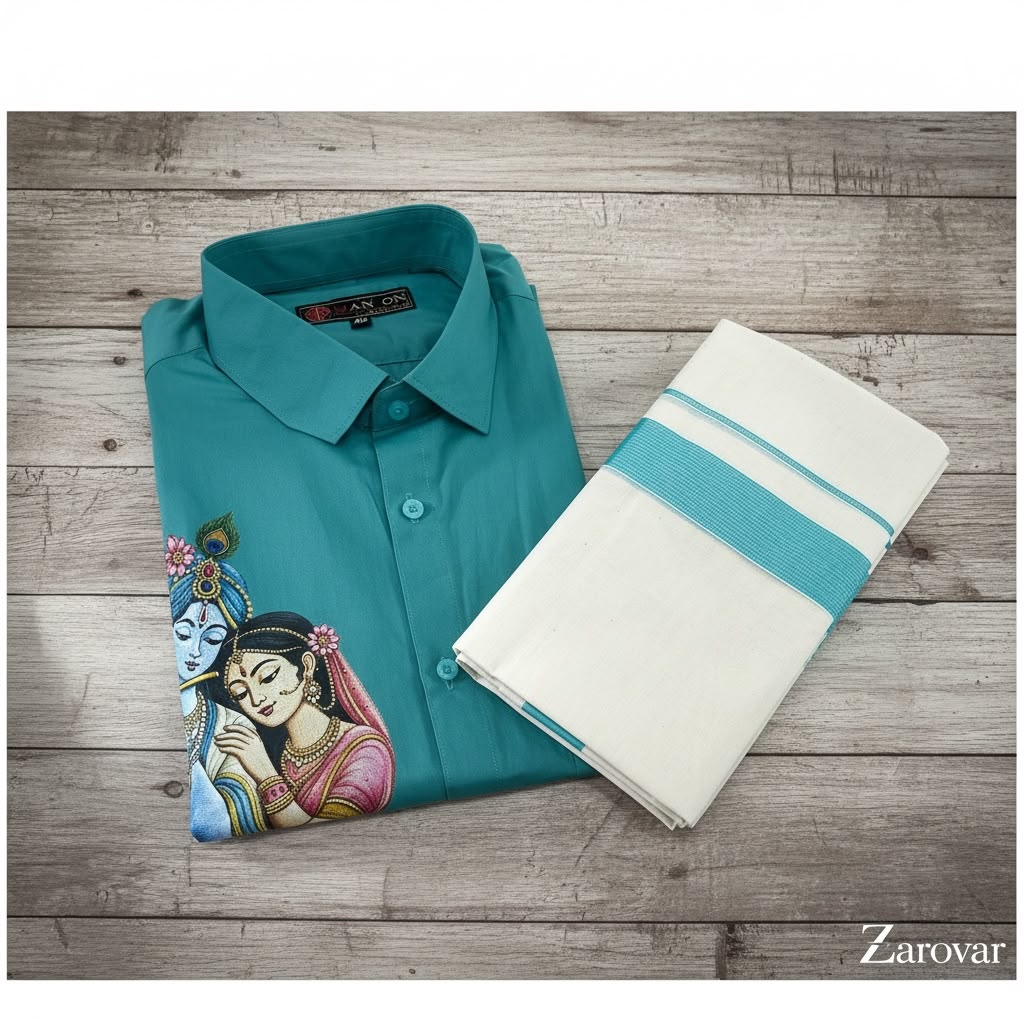 Radha Krishna Teal coloured mundu and shirt combo