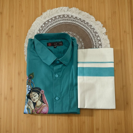 Radha Krishna Teal coloured mundu and shirt combo
