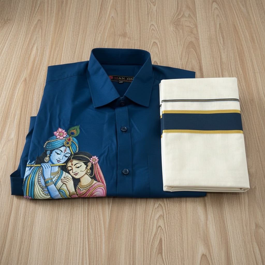 Radha Krishna Blue coloured mundu and shirt combo