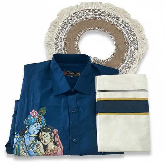 Radha Krishna Blue coloured mundu and shirt combo