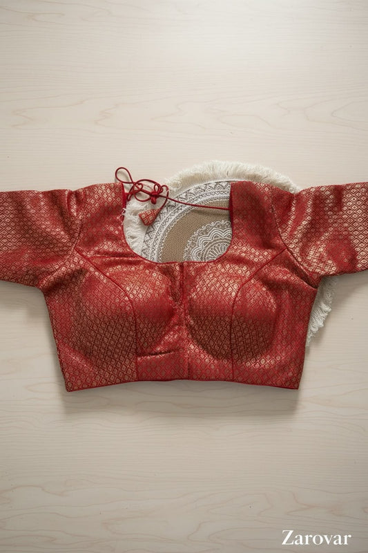 Brocade Padded & Sleeved Blouse With Front Open Hooks