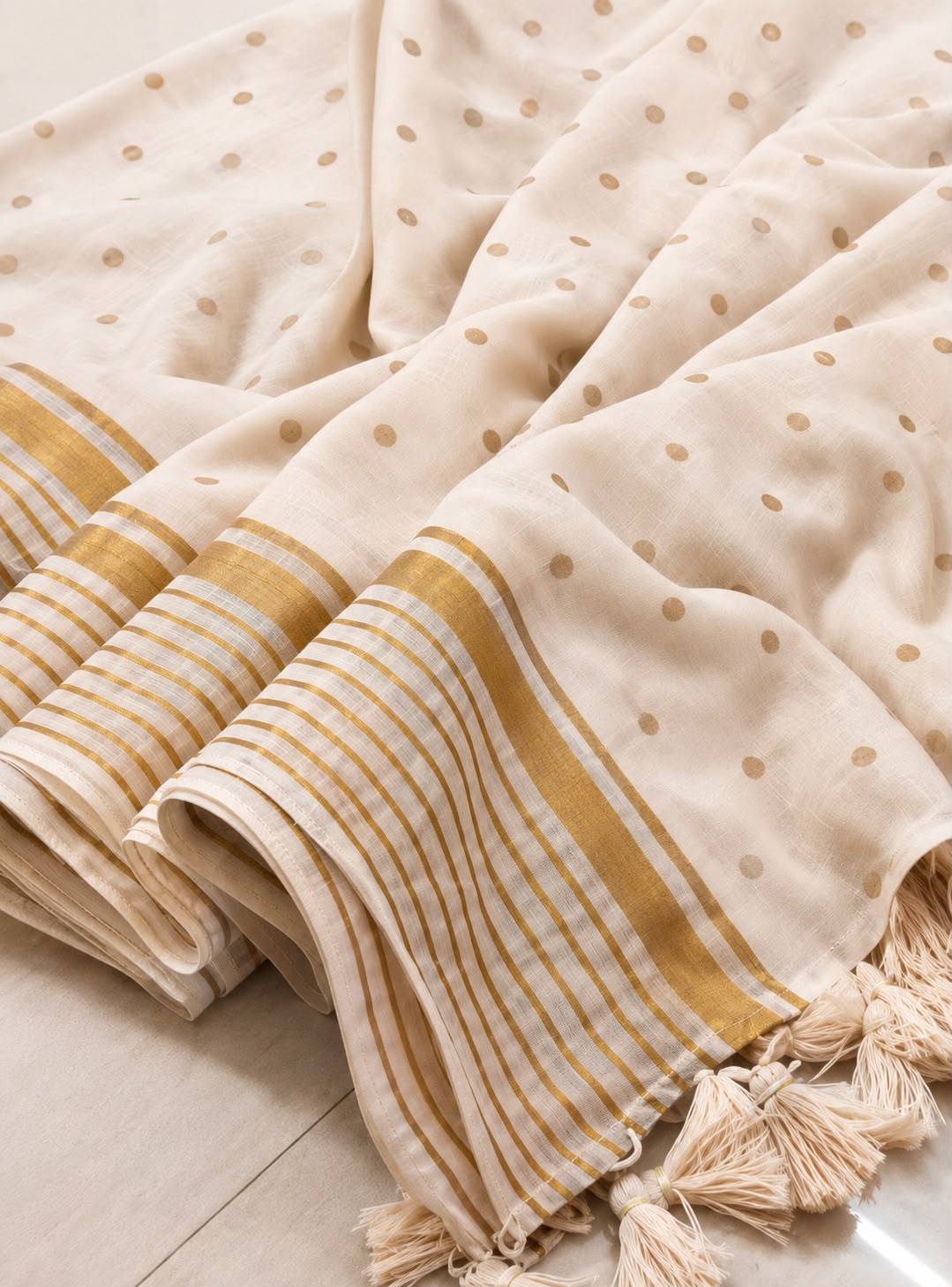 Pure Authentic Mul cotton Saree with Zari stripes border and small Polka body- without blouse Piece