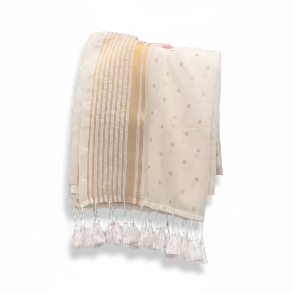 Pure Authentic Mul cotton Saree with Zari stripes border and small Polka body- without blouse Piece