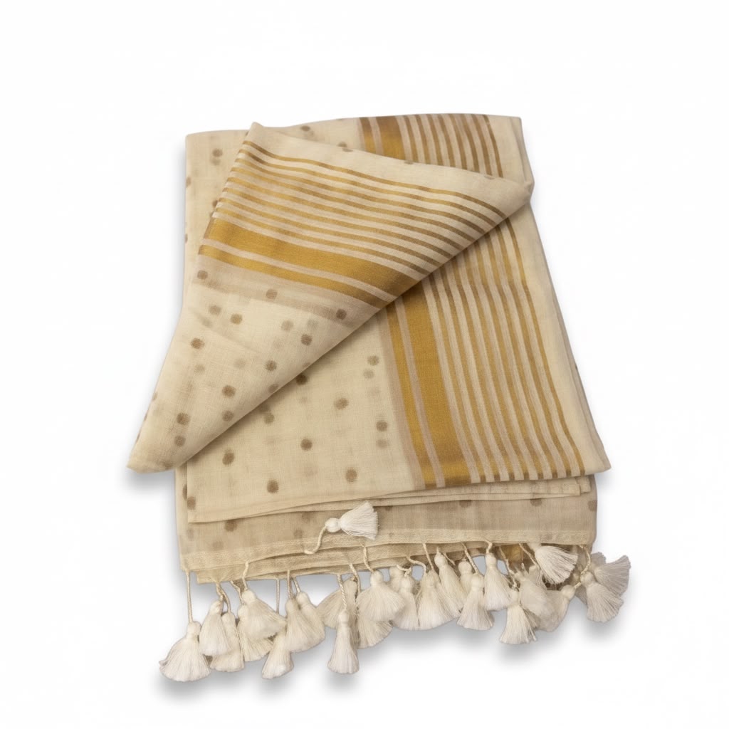 Pure Authentic Mul cotton Saree with Zari stripes border and small Polka body- without blouse Piece