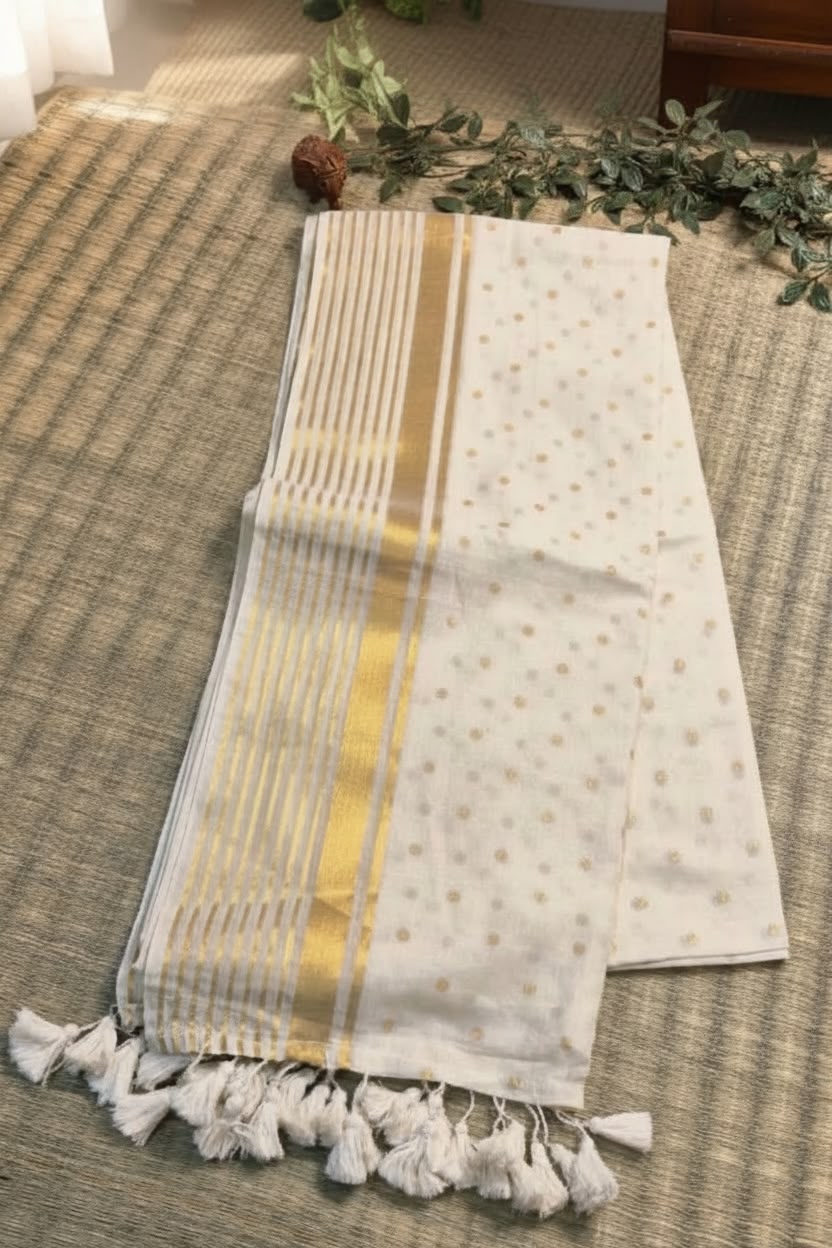 Pure Authentic Mul cotton Saree with Zari stripes border and small Polka body- without blouse Piece