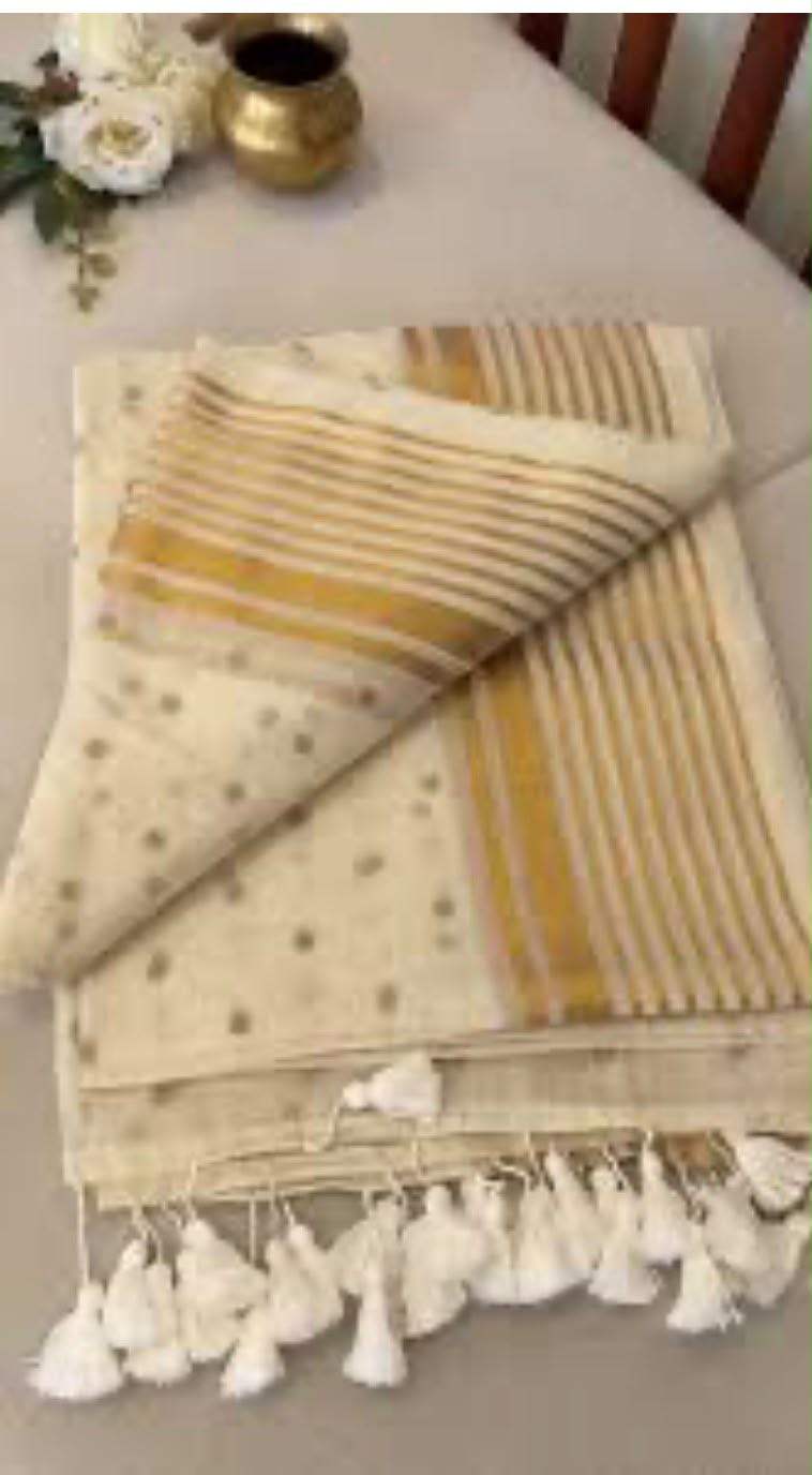 Pure Authentic Mul cotton Saree with Zari stripes border and small Polka body- without blouse Piece