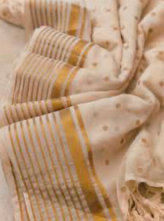 Pure Authentic Mul cotton Saree with Zari stripes border and small Polka body- without blouse Piece