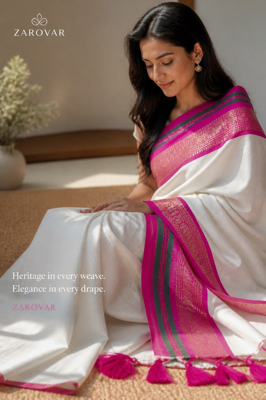Glow Mul Mul Cotton Saree with Pink and Golden Zari Border