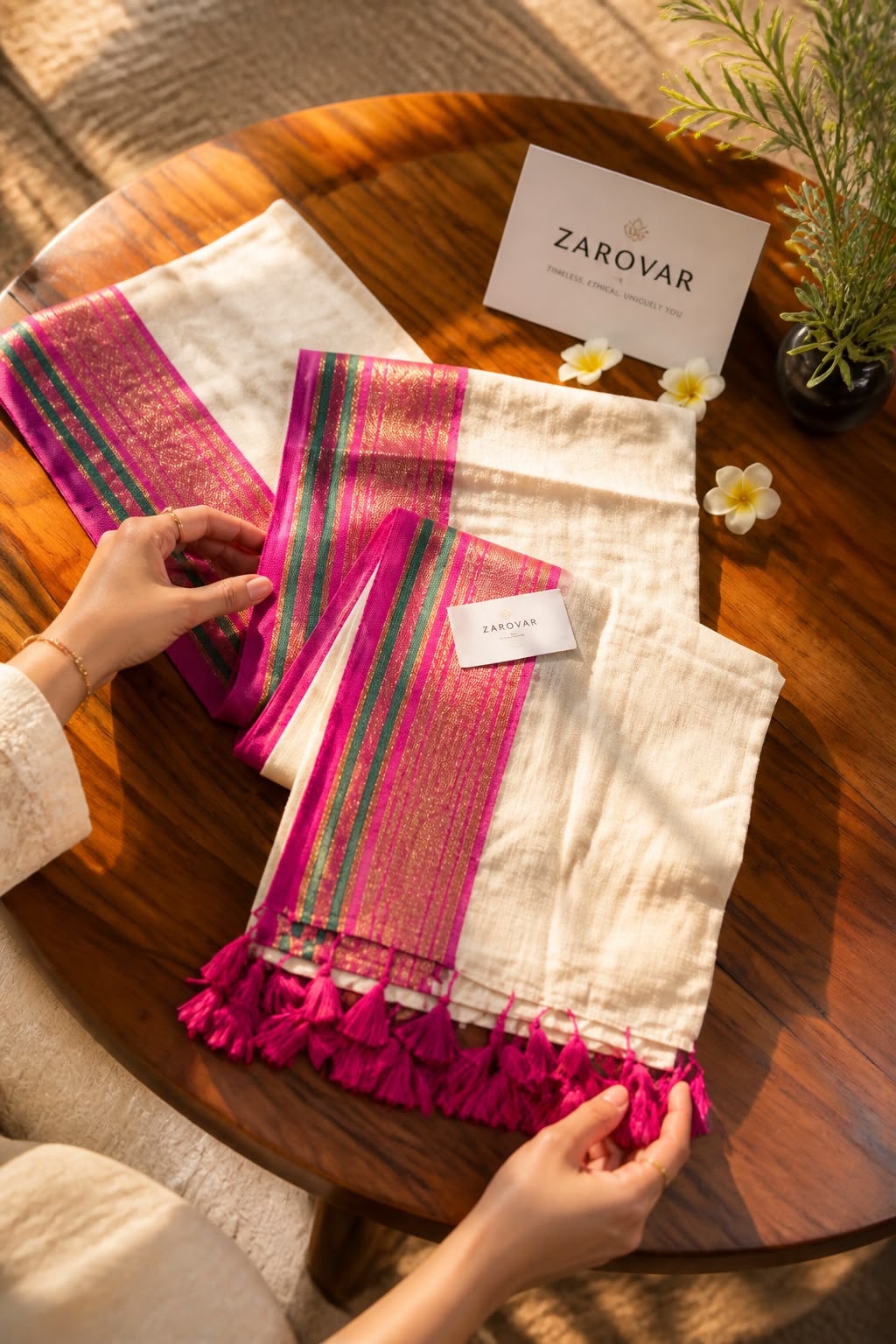 Glow Mul Mul Cotton Saree with Pink and Golden Zari Border