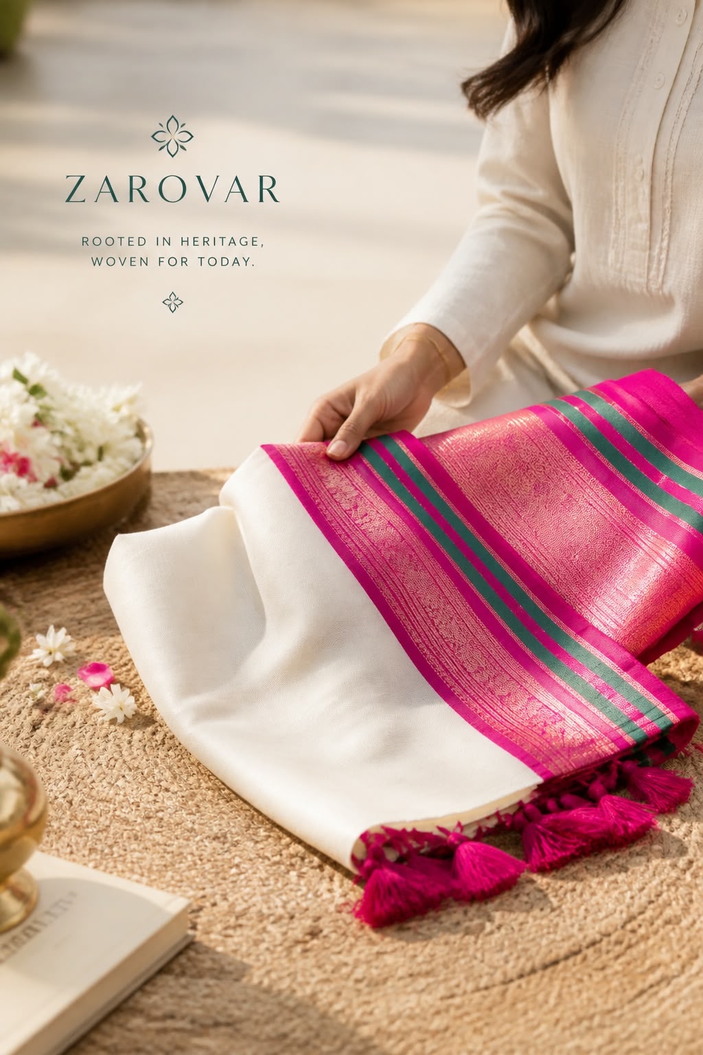 Glow Mul Mul Cotton Saree with Pink and Golden Zari Border