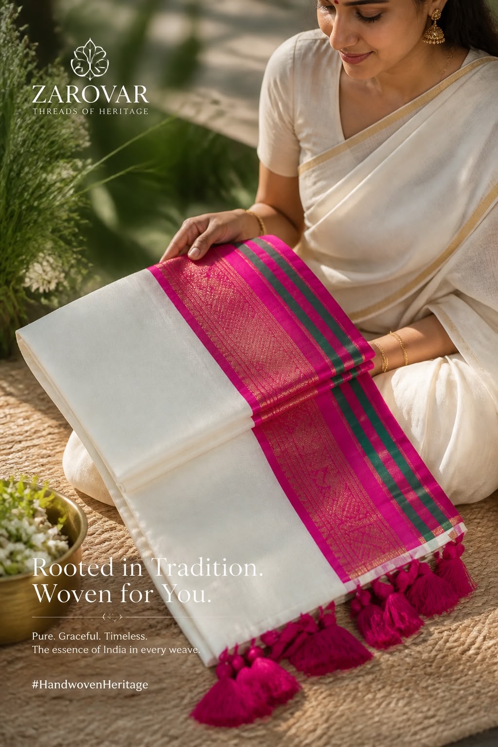 Glow Mul Mul Cotton Saree with Pink and Golden Zari Border