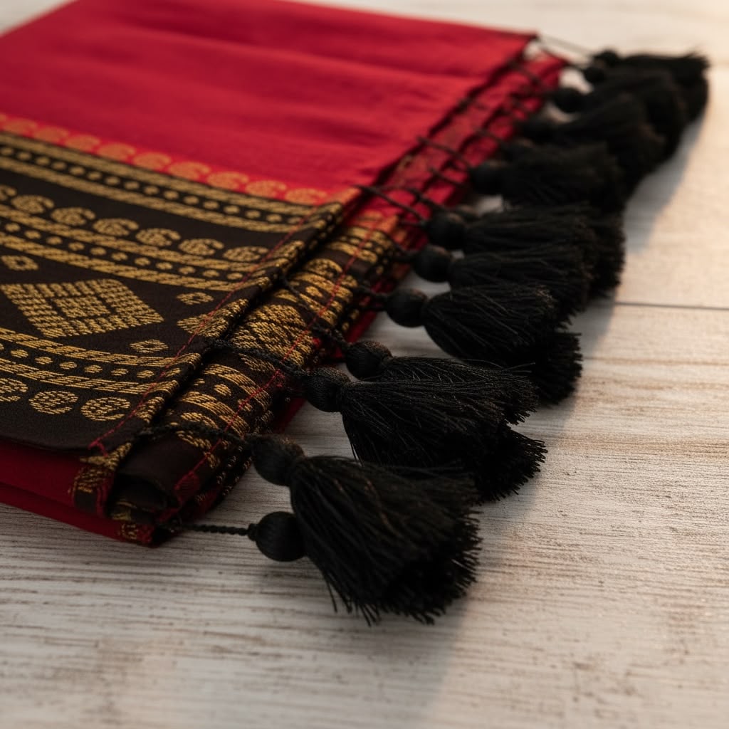 Crimson &amp; Earth Mul Cotton Saree with Festive Kanchi Zari Border