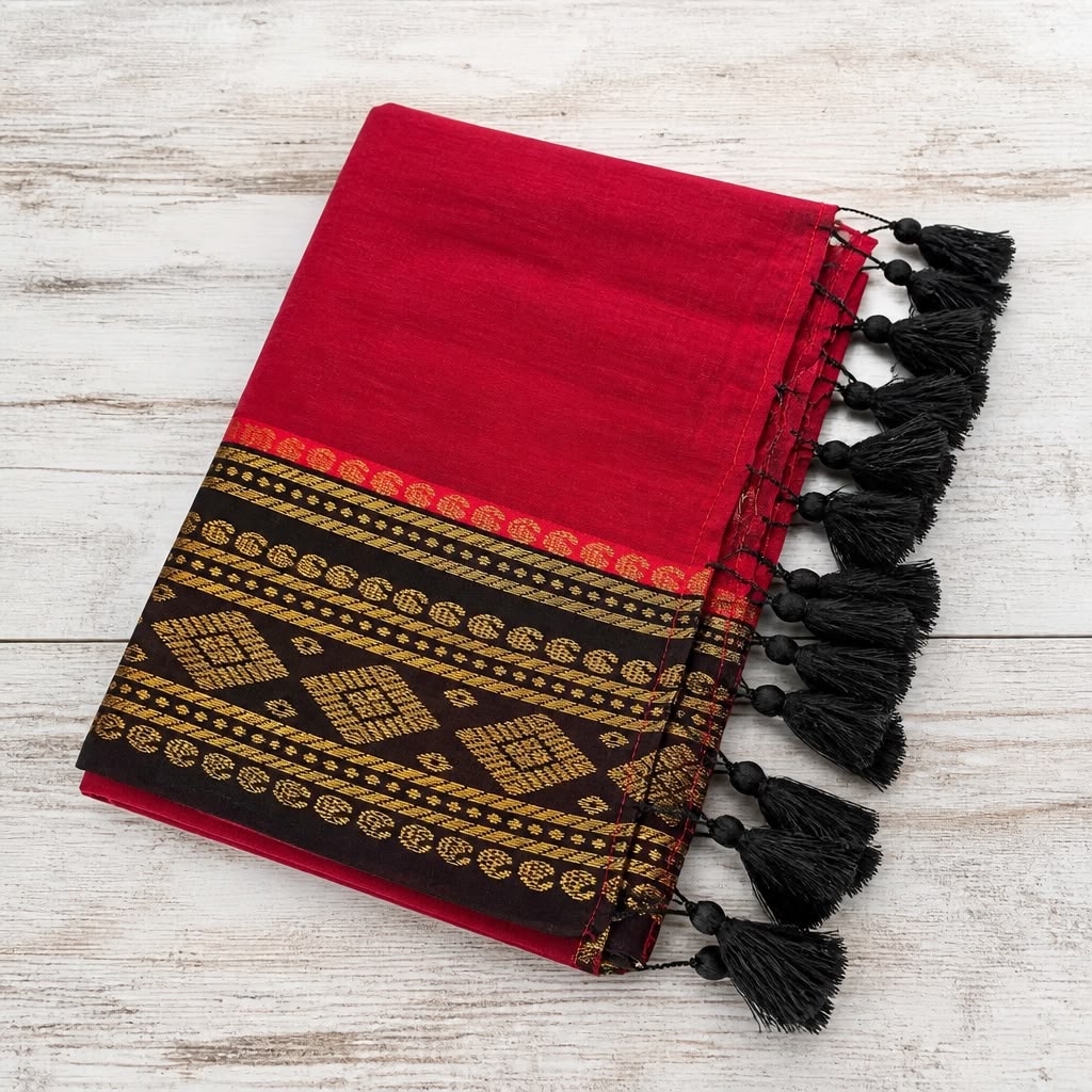 Crimson &amp; Earth Mul Cotton Saree with Festive Kanchi Zari Border