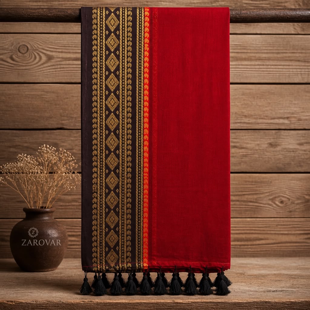 Crimson &amp; Earth Mul Cotton Saree with Festive Kanchi Zari Border