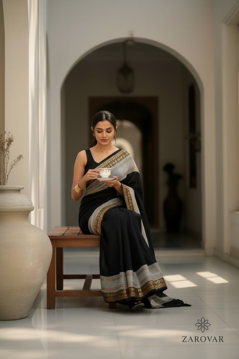 Zarovar Midnight Elegance – 120 Count Pure Mul Cotton Saree