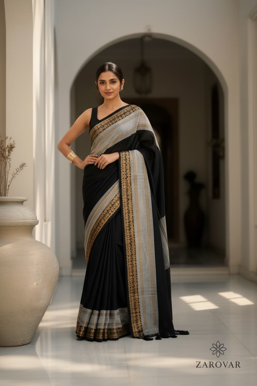 Zarovar Midnight Elegance – 120 Count Pure Mul Cotton Saree