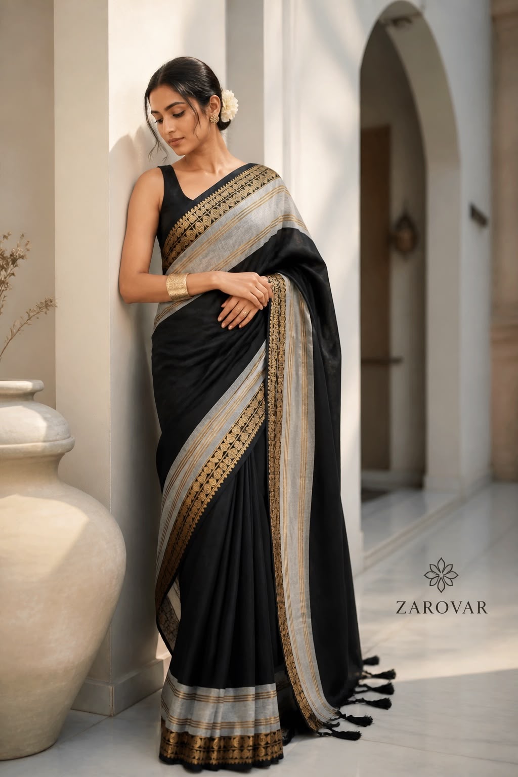 Zarovar Midnight Elegance – 120 Count Pure Mul Cotton Saree