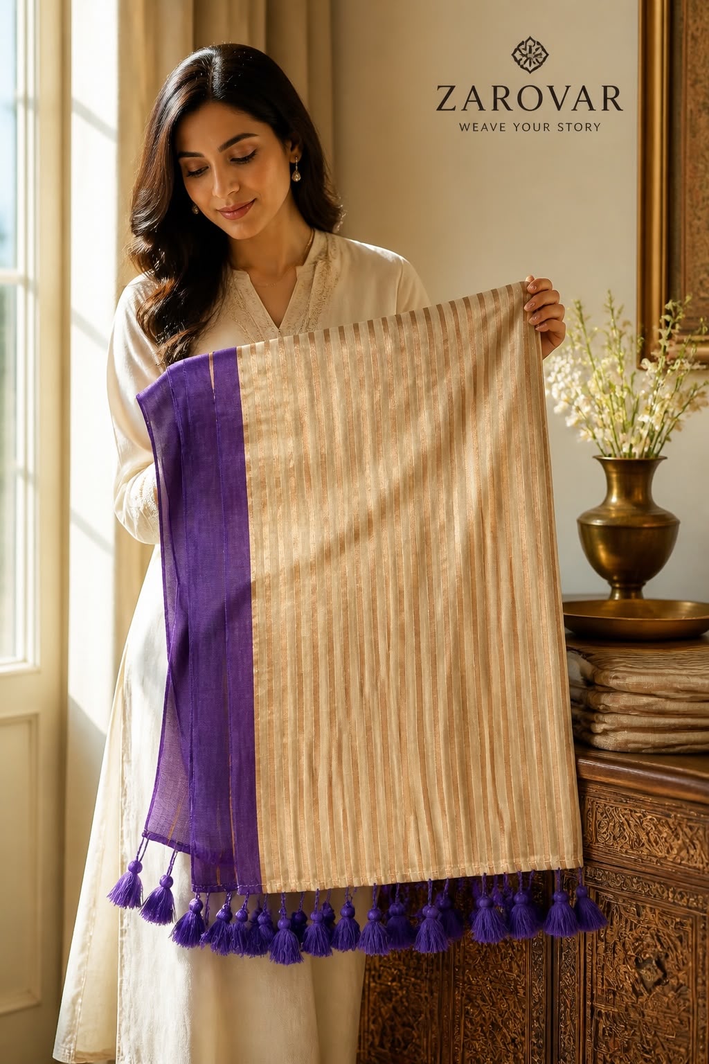 Shimmering Tissue Mul-Cotton Saree with Lavender-Purple Accents