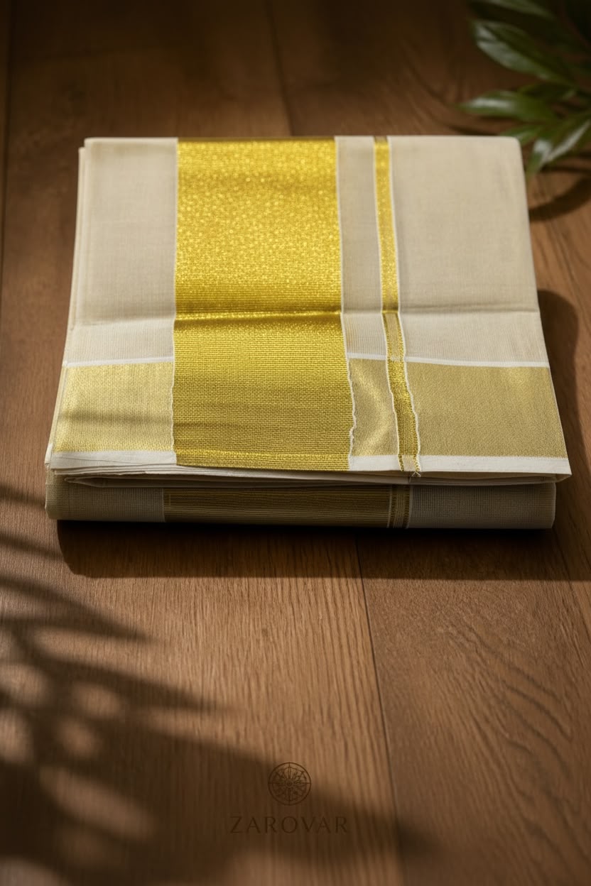 Zarovar Premium Kerala Tissue Saree with 5-Inch Golden Kasavu Border