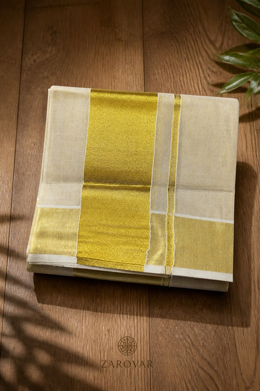 Zarovar Premium Kerala Tissue Saree with 5-Inch Golden Kasavu Border