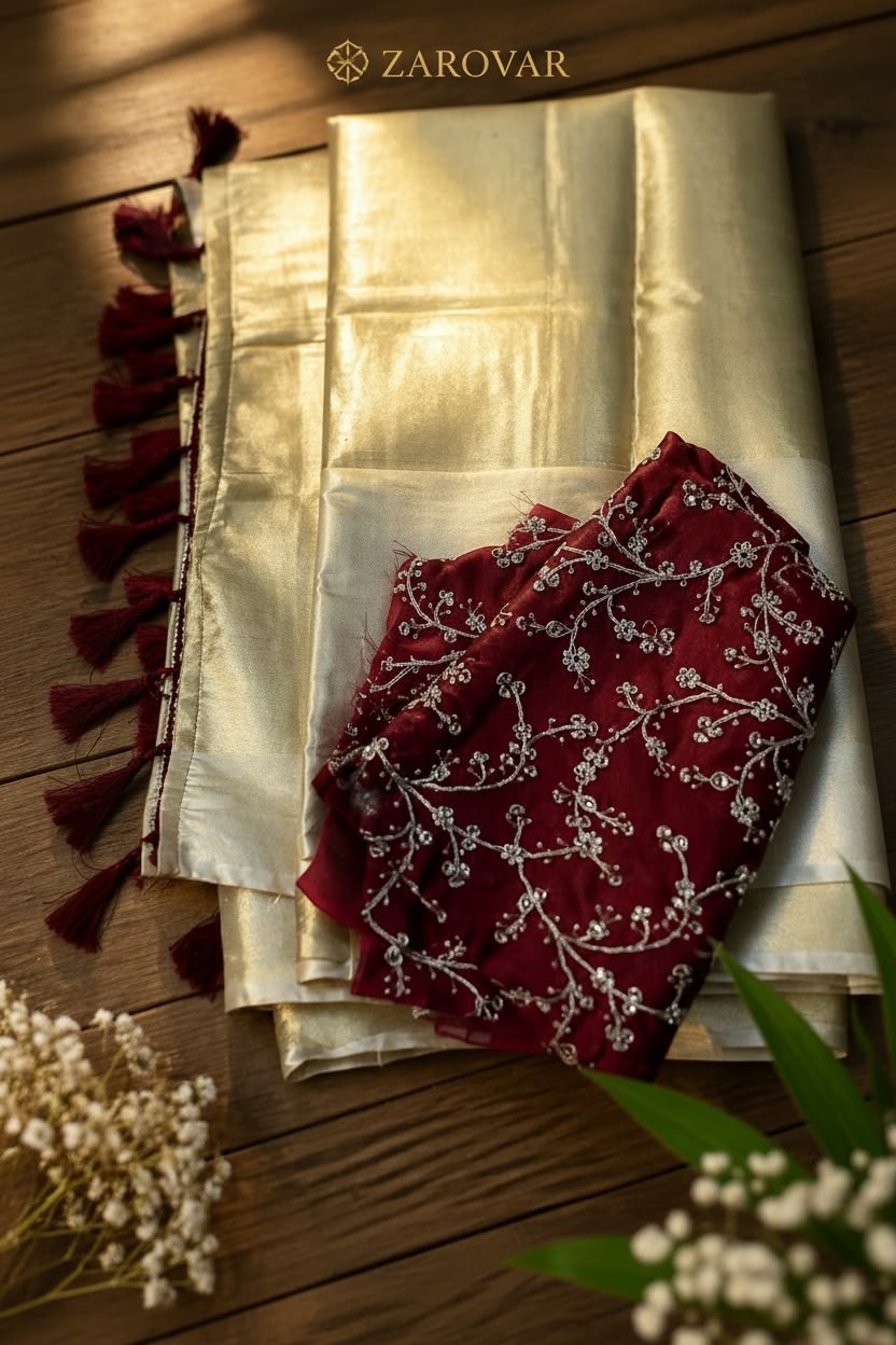 Zarovar Premium Kanjivaram Silk Saree with Contrast Embroidered Blouse