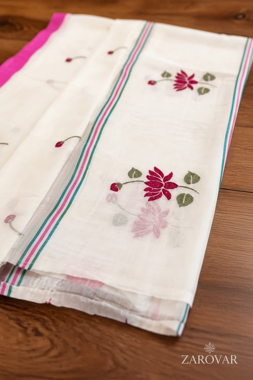Premium Mulmul Cotton Lotus Print Saree