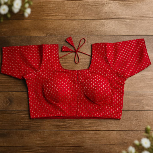 Reddish-Orange Brocade Padded Saree Blouse with Gold Booti Print and Front Hook Closure