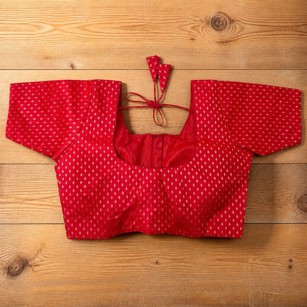 Reddish-Orange Brocade Padded Saree Blouse with Gold Booti Print and Front Hook Closure