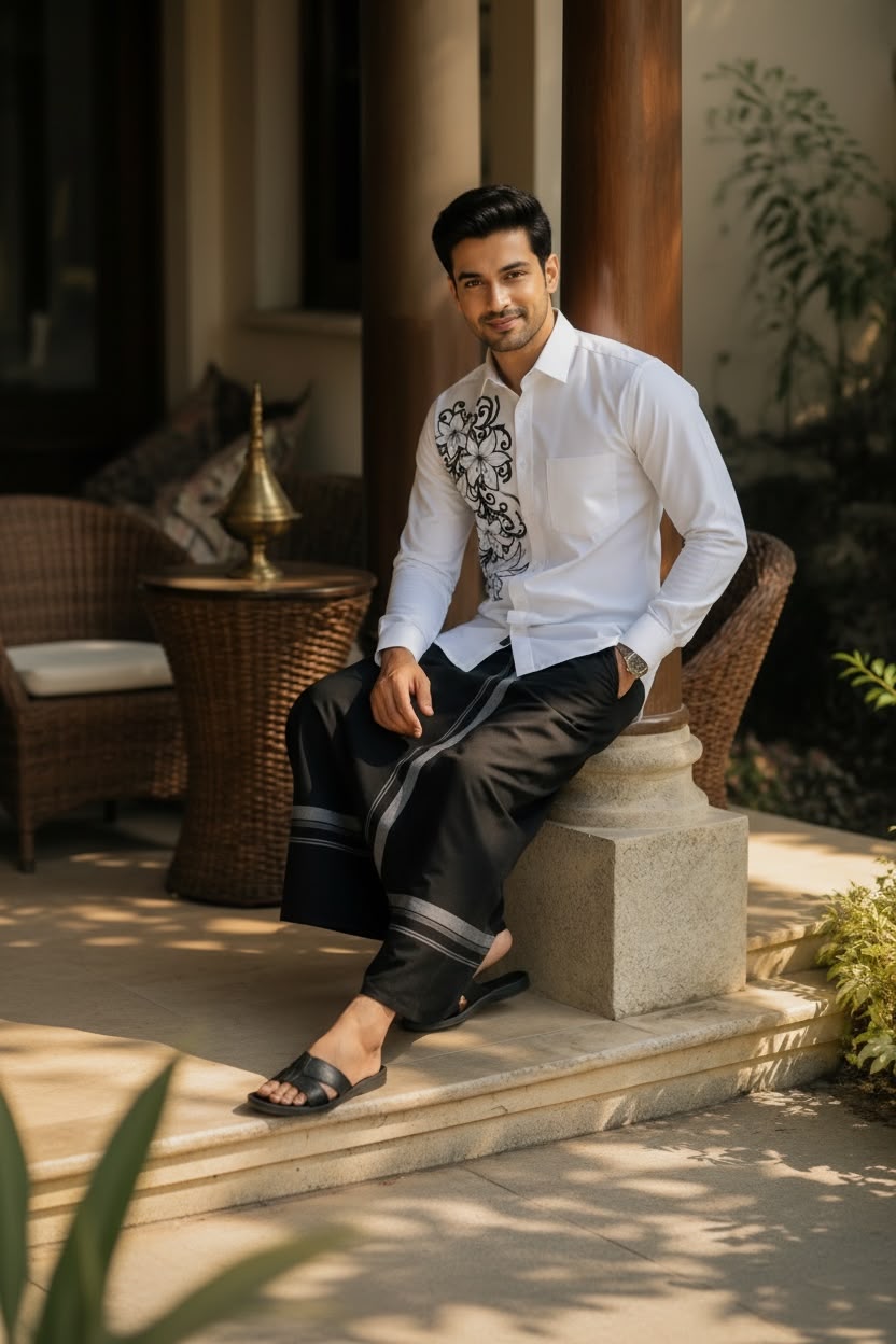 Premium Men's One side Embroidered White Shirt with and black mundu Set