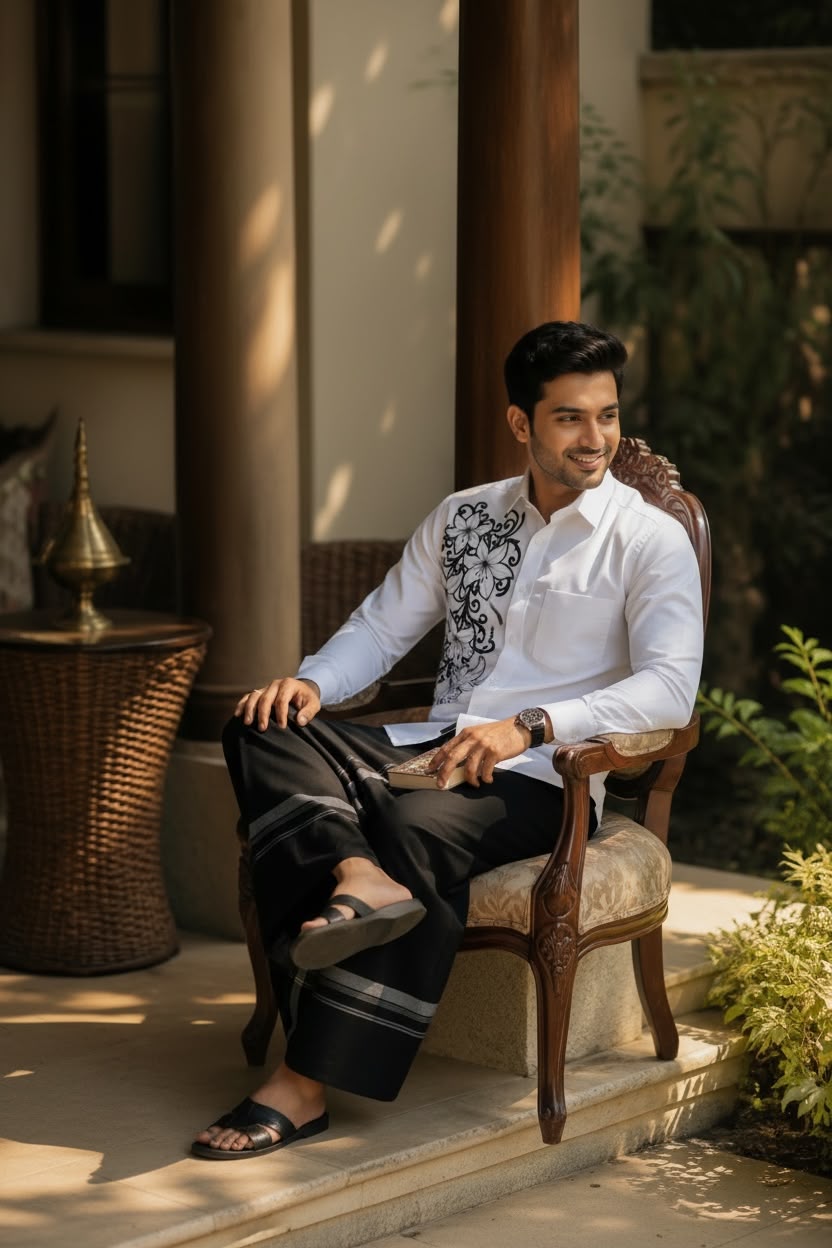 Premium Men's One side Embroidered White Shirt with and black mundu Set