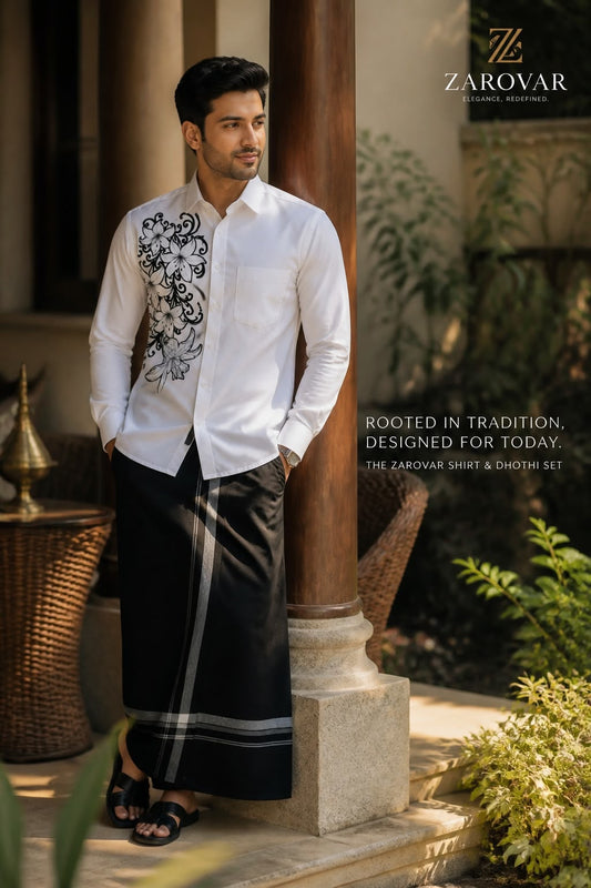 Premium Men's One side Embroidered White Shirt with and black mundu Set