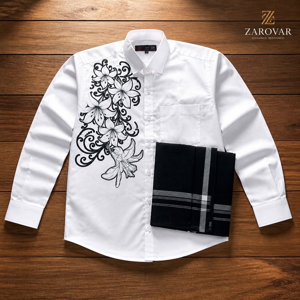 Premium Men's One side Embroidered White Shirt with and black mundu Set