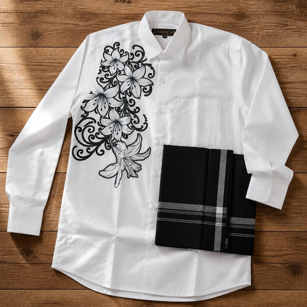 Premium Men's One side Embroidered White Shirt with and black mundu Set