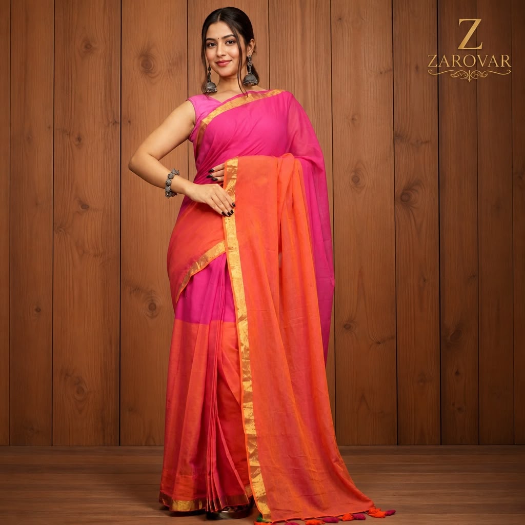 Orange & Pink Elegance – Mulmul Cotton Saree