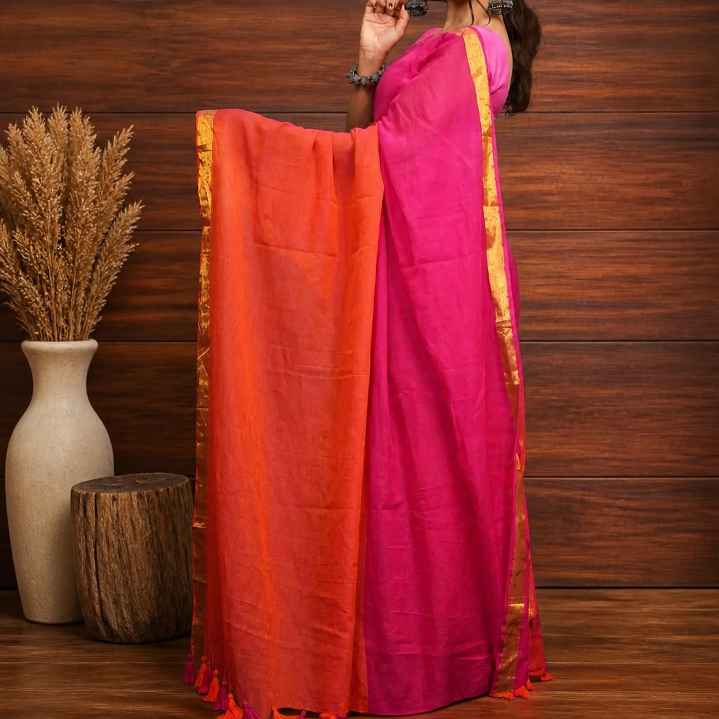 Orange & Pink Elegance – Mulmul Cotton Saree