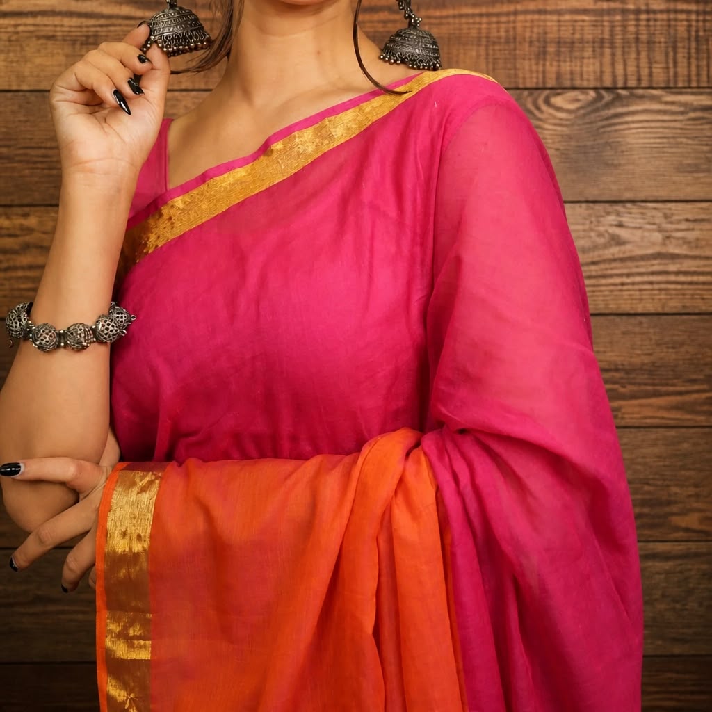 Orange & Pink Elegance – Mulmul Cotton Saree