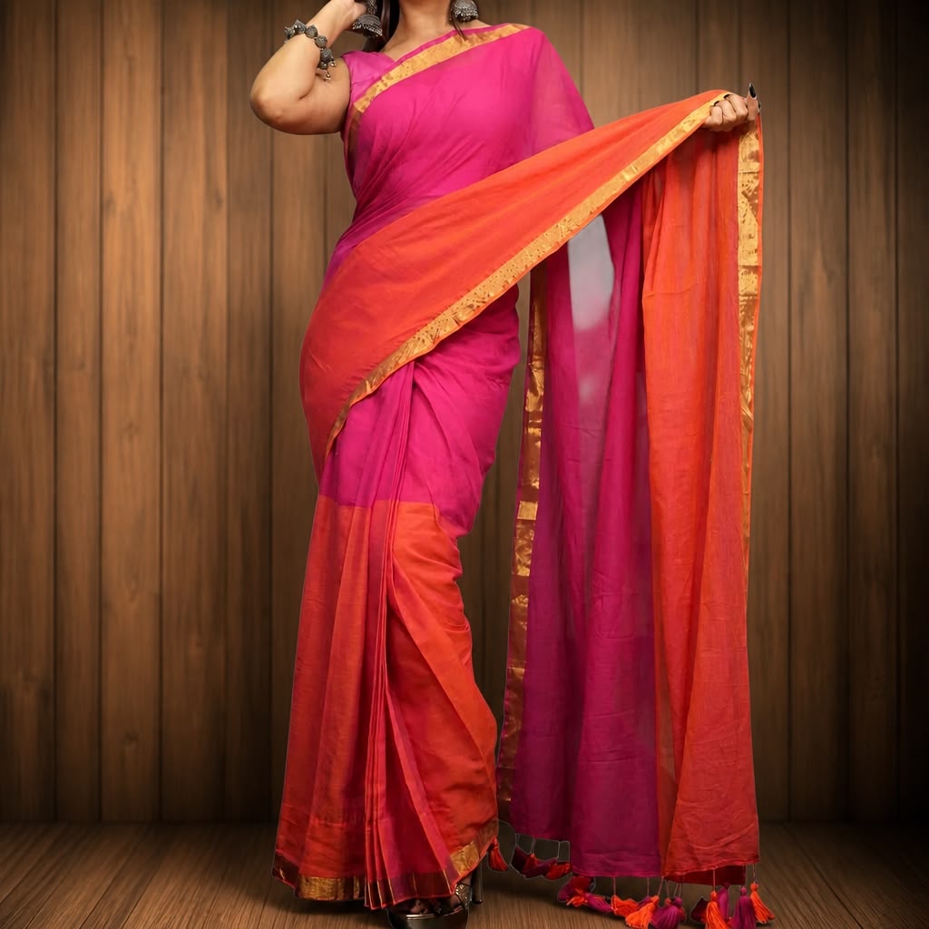 Orange & Pink Elegance – Mulmul Cotton Saree