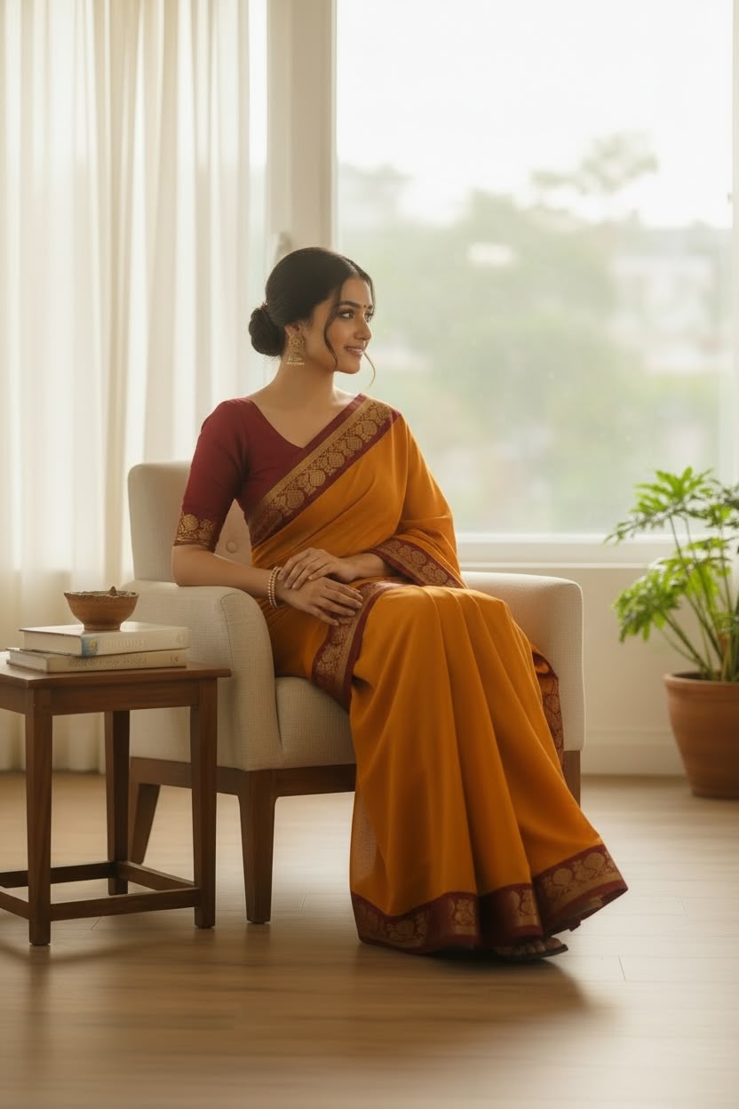 Sunning Deep Orange mul cotton saree