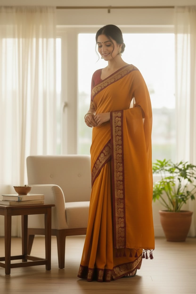 Sunning Deep Orange mul cotton saree
