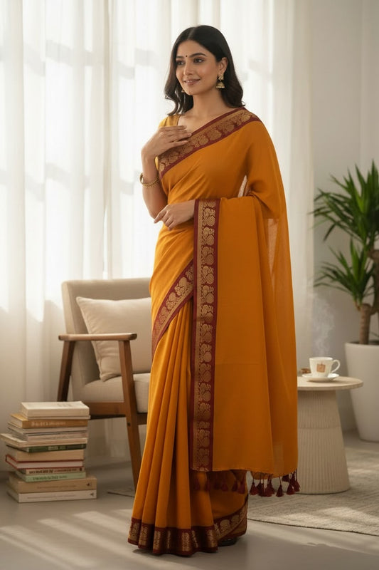Sunning Deep Orange mul cotton saree