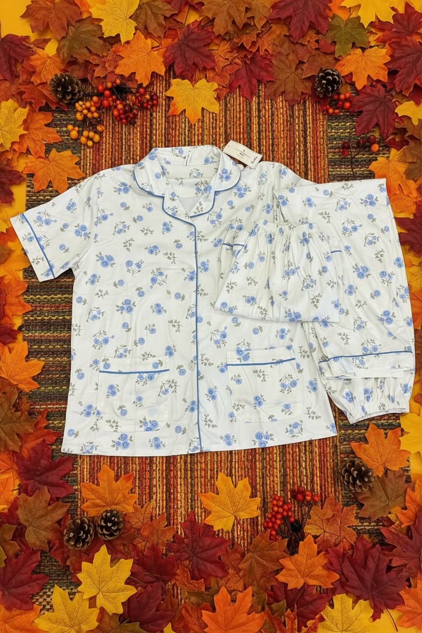Pinterest-Style Blue Floral 3-Piece Pyjama Set 💙🌸