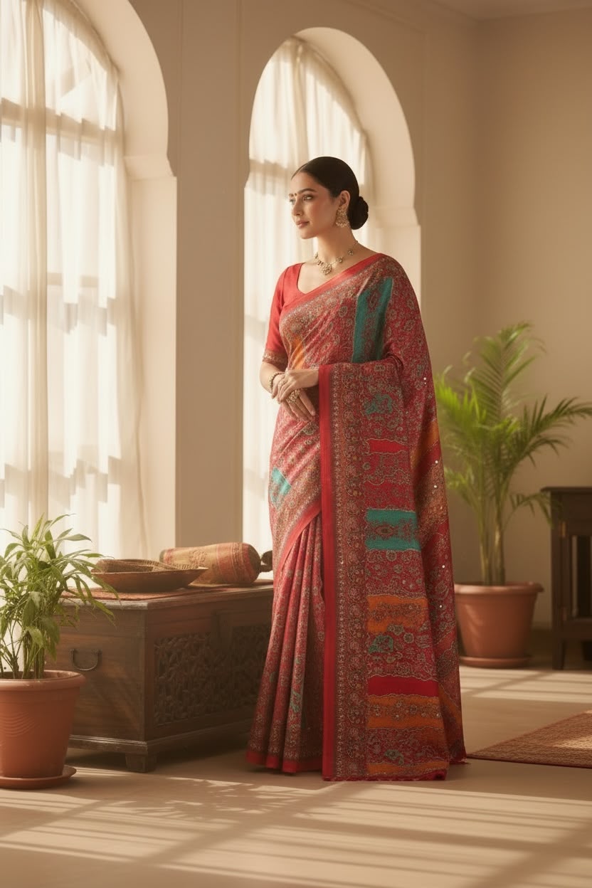 Multi-Colour Geometric Printed Mirror Work Masakali Saree - Woman’s