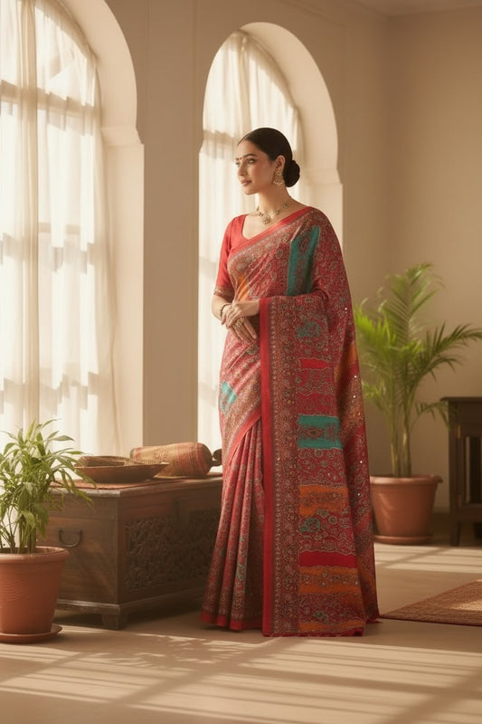 Multi-Colour Geometric Printed Mirror Work Masakali Saree - Woman’s