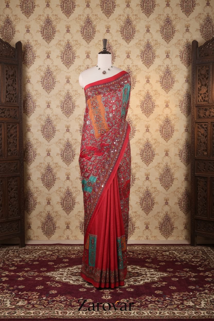 Multi-Colour Geometric Printed Mirror Work Masakali Saree - Woman’s