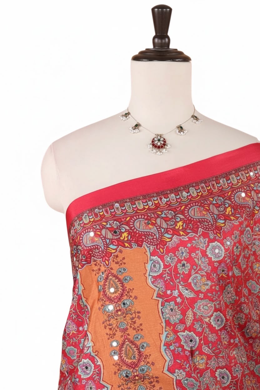 Multi-Colour Geometric Printed Mirror Work Masakali Saree - Woman’s
