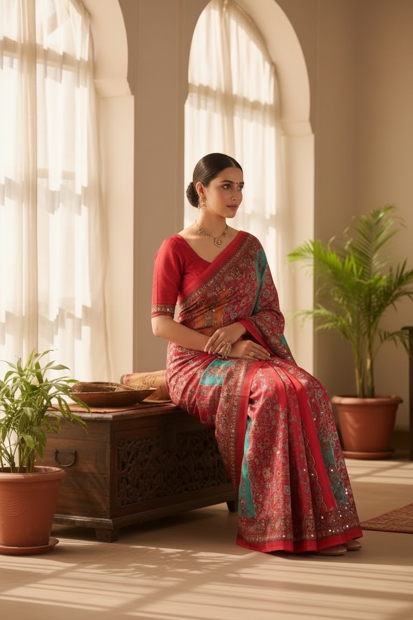 Multi-Colour Geometric Printed Mirror Work Masakali Saree - Woman’s
