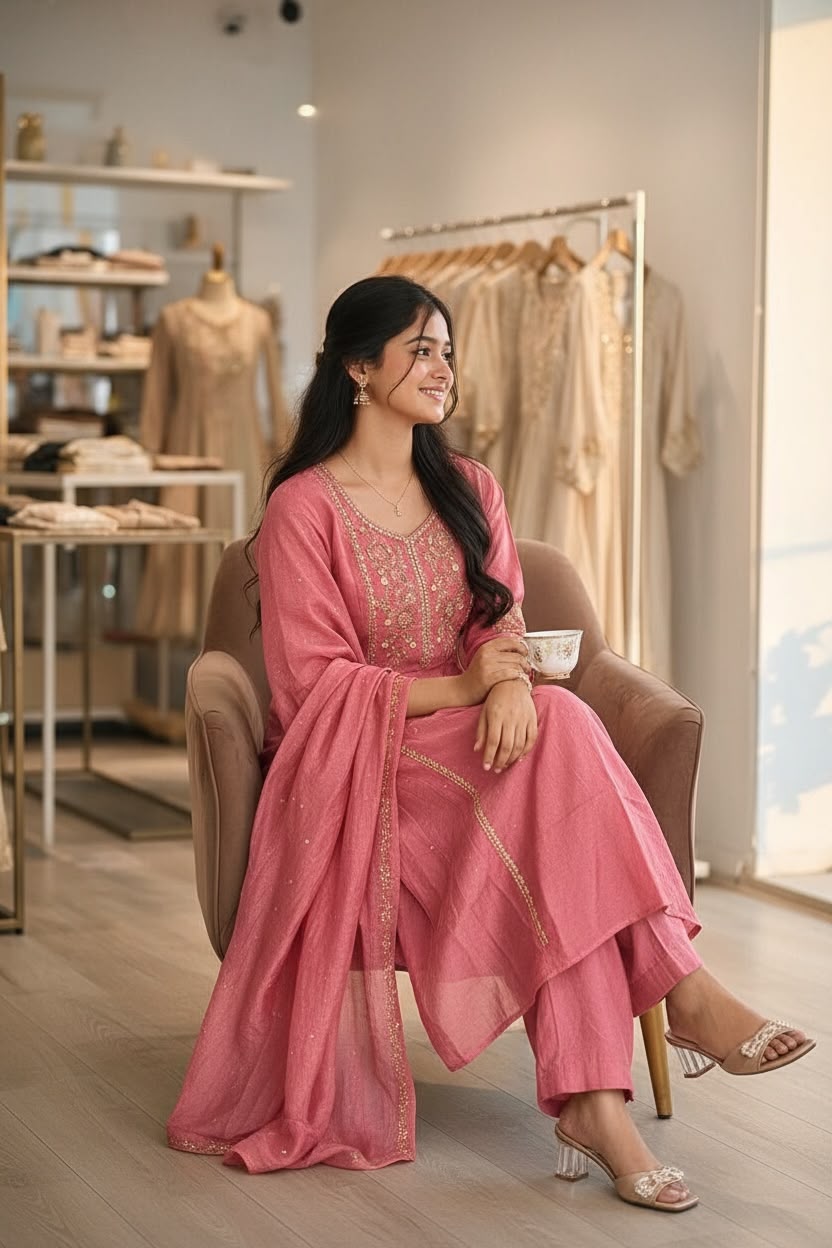 Rose Royale Mul Chanderi Embroidered Salwar Set