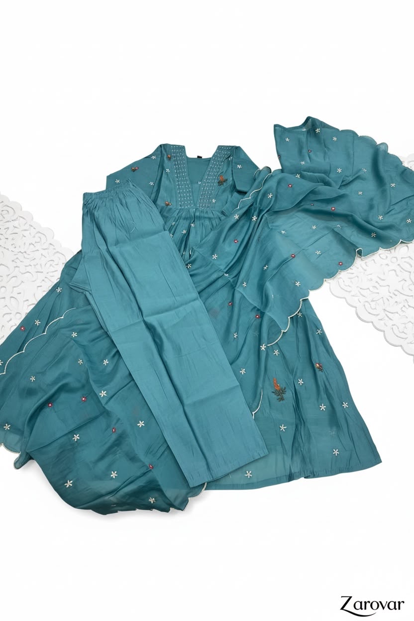 Azure Bloom Mul Chanderi Anarkali Salwar Set